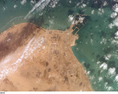 Ras Laffan Industrial City Qatar LNG complex satellite view NASA 2006