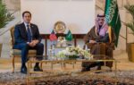 US Secretary of State Marco Rubio meets Saudi Foreign Minister Prince Faisal bin Farhan in Riyadh, with US and Saudi flags displayed between them