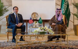 US Secretary of State Marco Rubio meets Saudi Foreign Minister Prince Faisal bin Farhan in Riyadh, with US and Saudi flags displayed between them