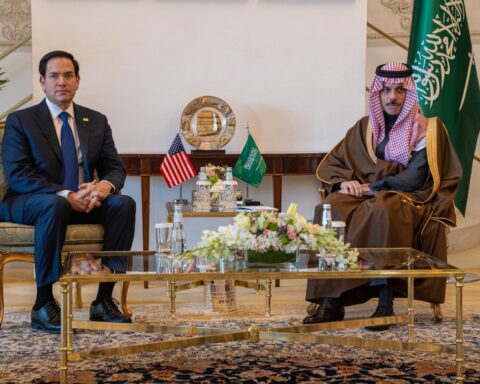 US Secretary of State Marco Rubio meets Saudi Foreign Minister Prince Faisal bin Farhan in Riyadh, with US and Saudi flags displayed between them