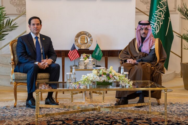 US Secretary of State Marco Rubio meets Saudi Foreign Minister Prince Faisal bin Farhan in Riyadh, with US and Saudi flags displayed between them
