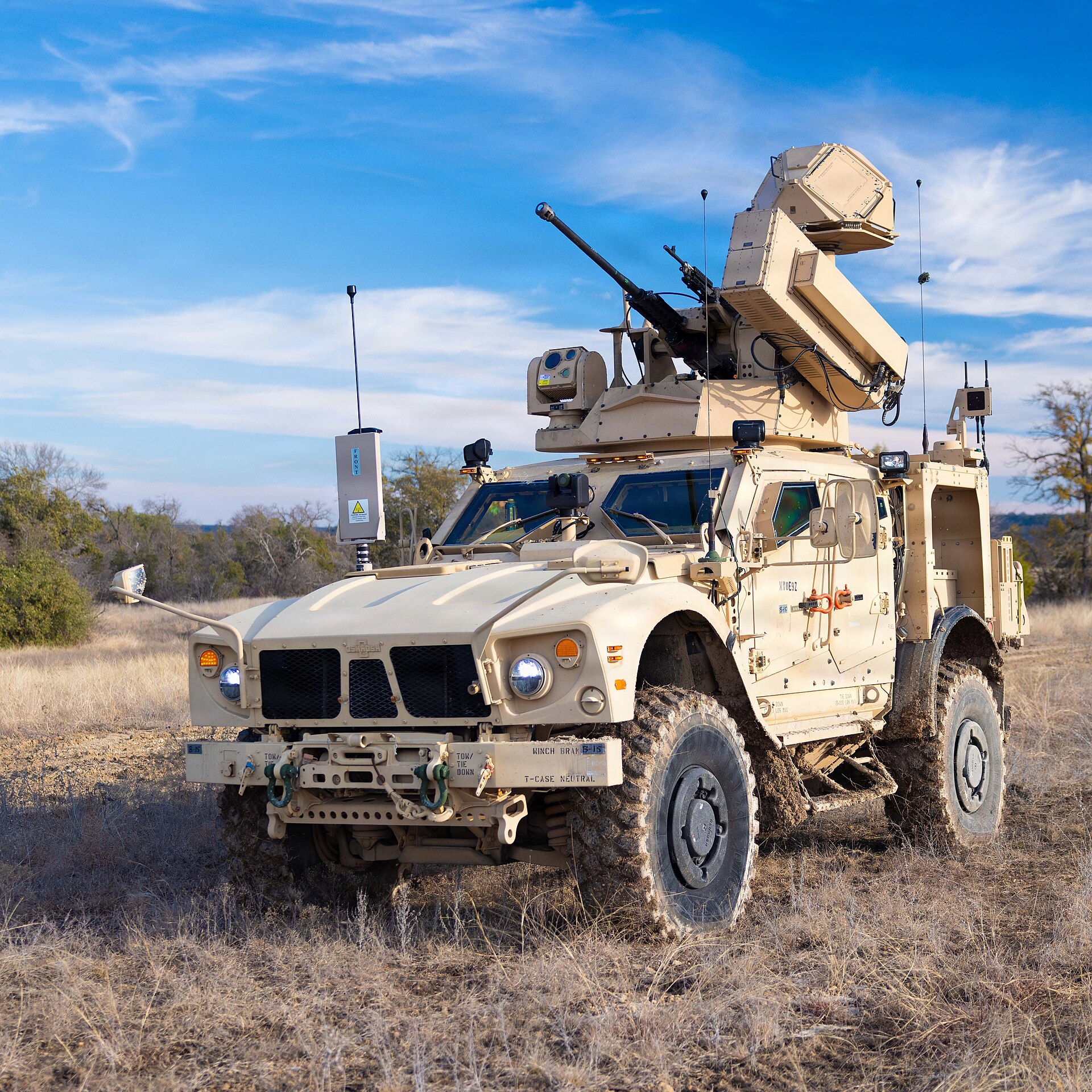 US Army counter-UAS vehicle equipped with drone detection and intercept systems during live-fire validation exercise