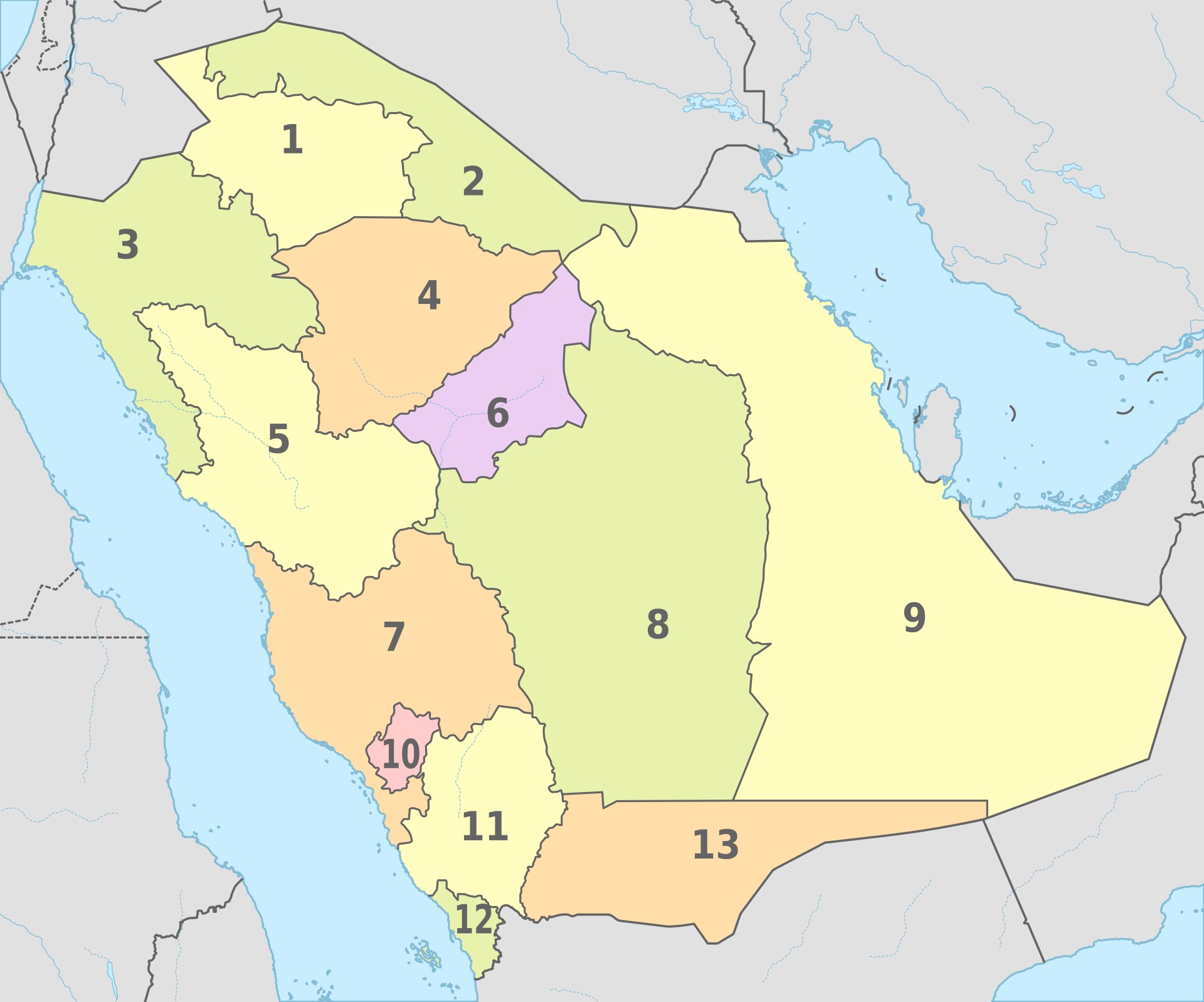 Saudi Arabia administrative divisions map showing all 13 provinces and borders with UAE, Qatar, Kuwait and Iraq