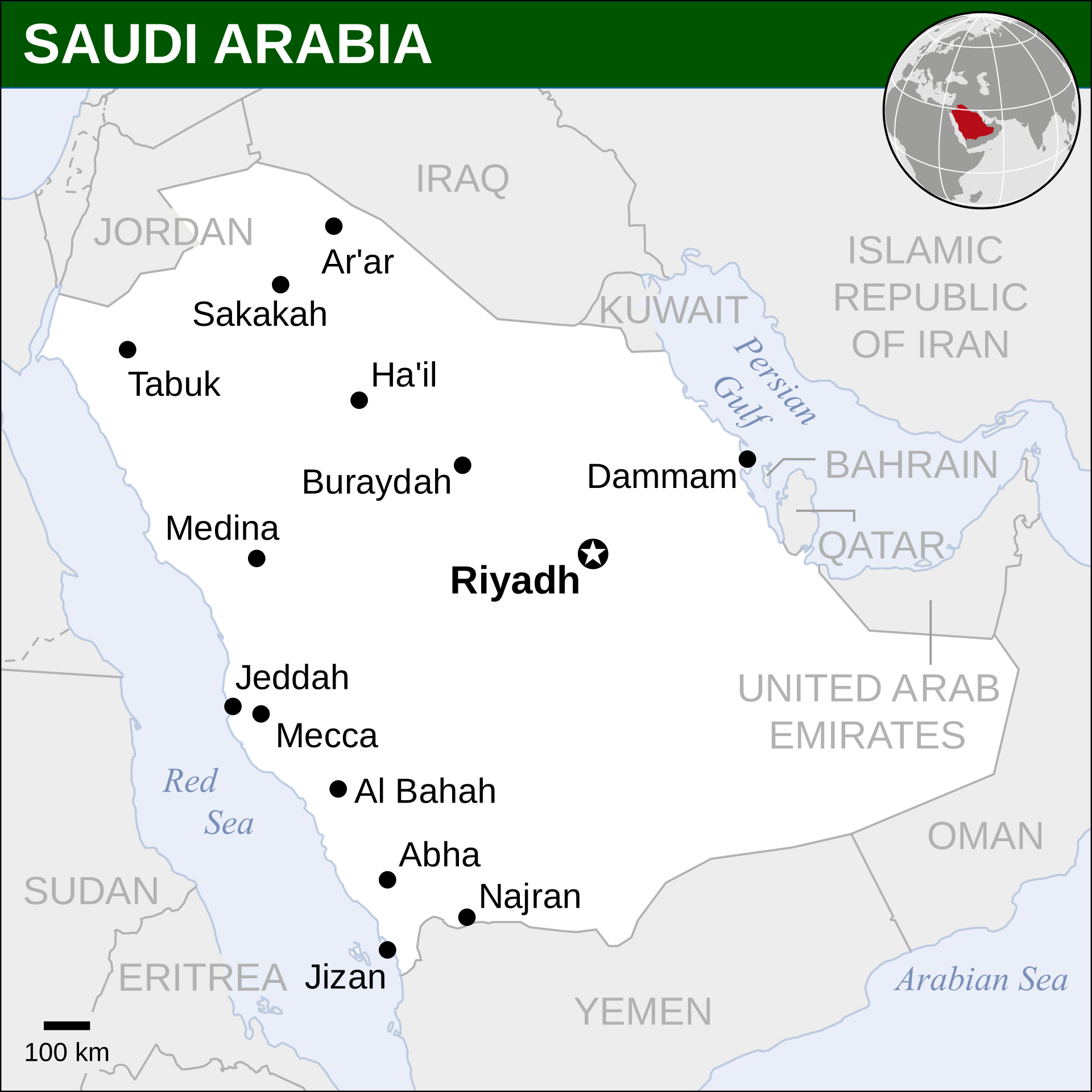 Map of Saudi Arabia showing the locations of Riyadh, Jeddah, Dammam (near Khobar), Abha and the northwestern region where NEOM is being developed — the five 2034 World Cup host cities