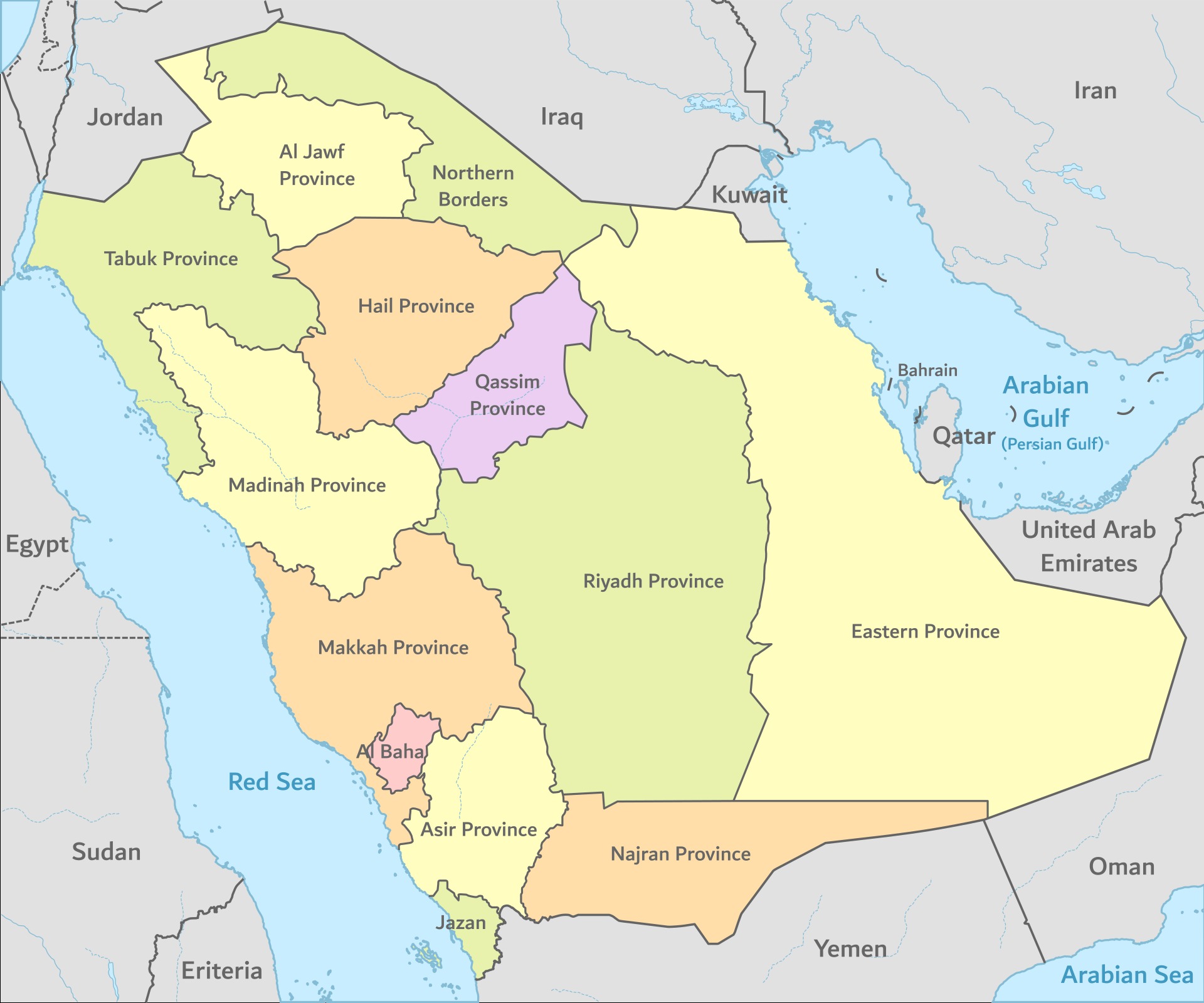 Map of Saudi Arabia showing all provinces including the Eastern Province, Riyadh Province containing Al-Kharj, and the southern border regions of Asir, Najran and Jazan adjacent to Yemen