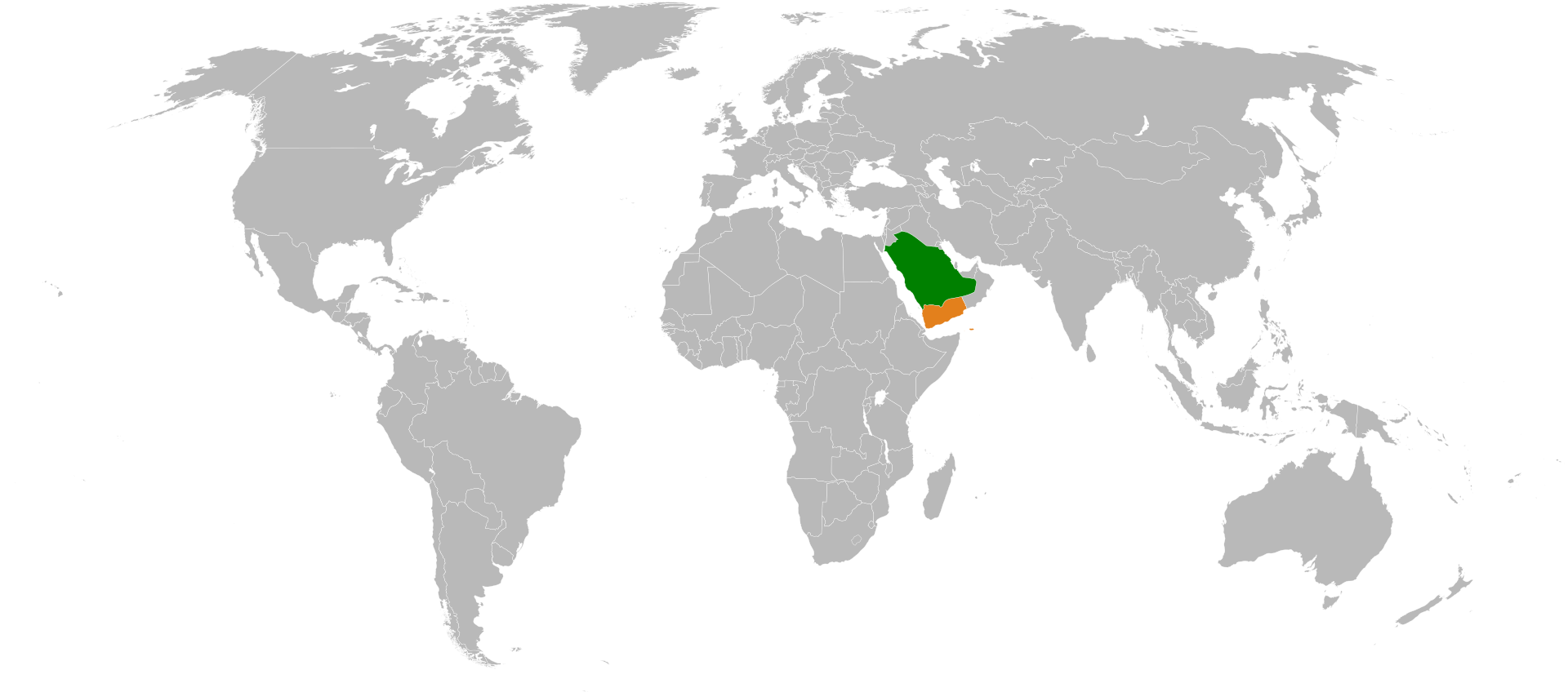 Map showing Saudi Arabia and Yemen highlighted on a world map, indicating the geographic relationship between the two countries