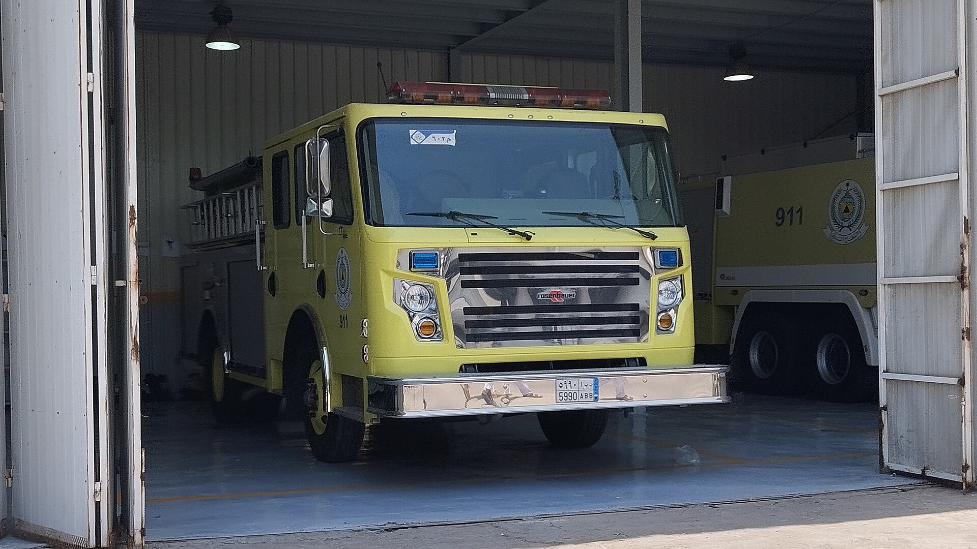 Saudi Civil Defence Rosenbauer Commander fire truck stationed in Saudi Arabia, the first responder to Houthi projectile strikes on civilian areas