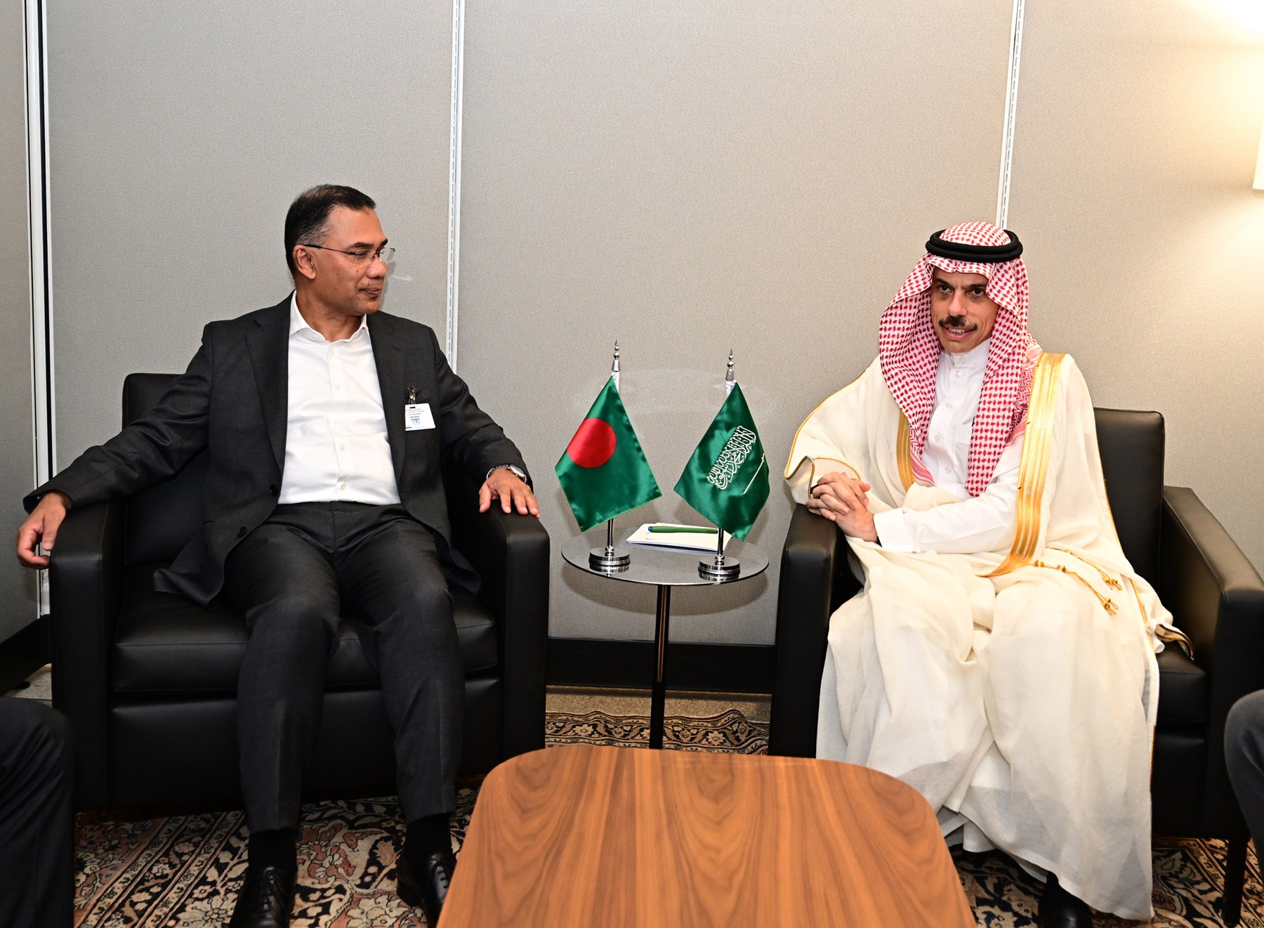 Saudi Foreign Minister Prince Faisal bin Farhan Al Saud meets with Bangladeshi Prime Minister Tarique Rahman on the sidelines of the 81st UN General Assembly in New York, September 26 2026