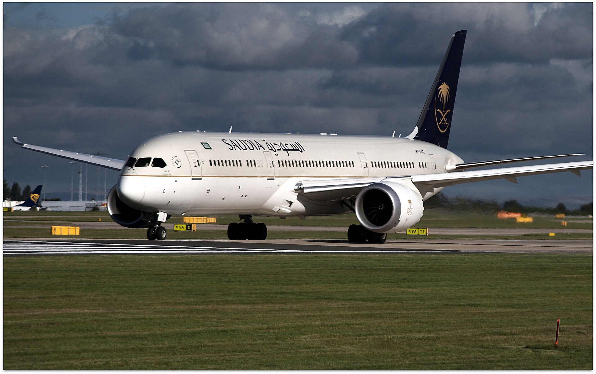 Saudia Boeing 787-9 aircraft taxiing on runway, Saudi Arabian Airlines widebody jet