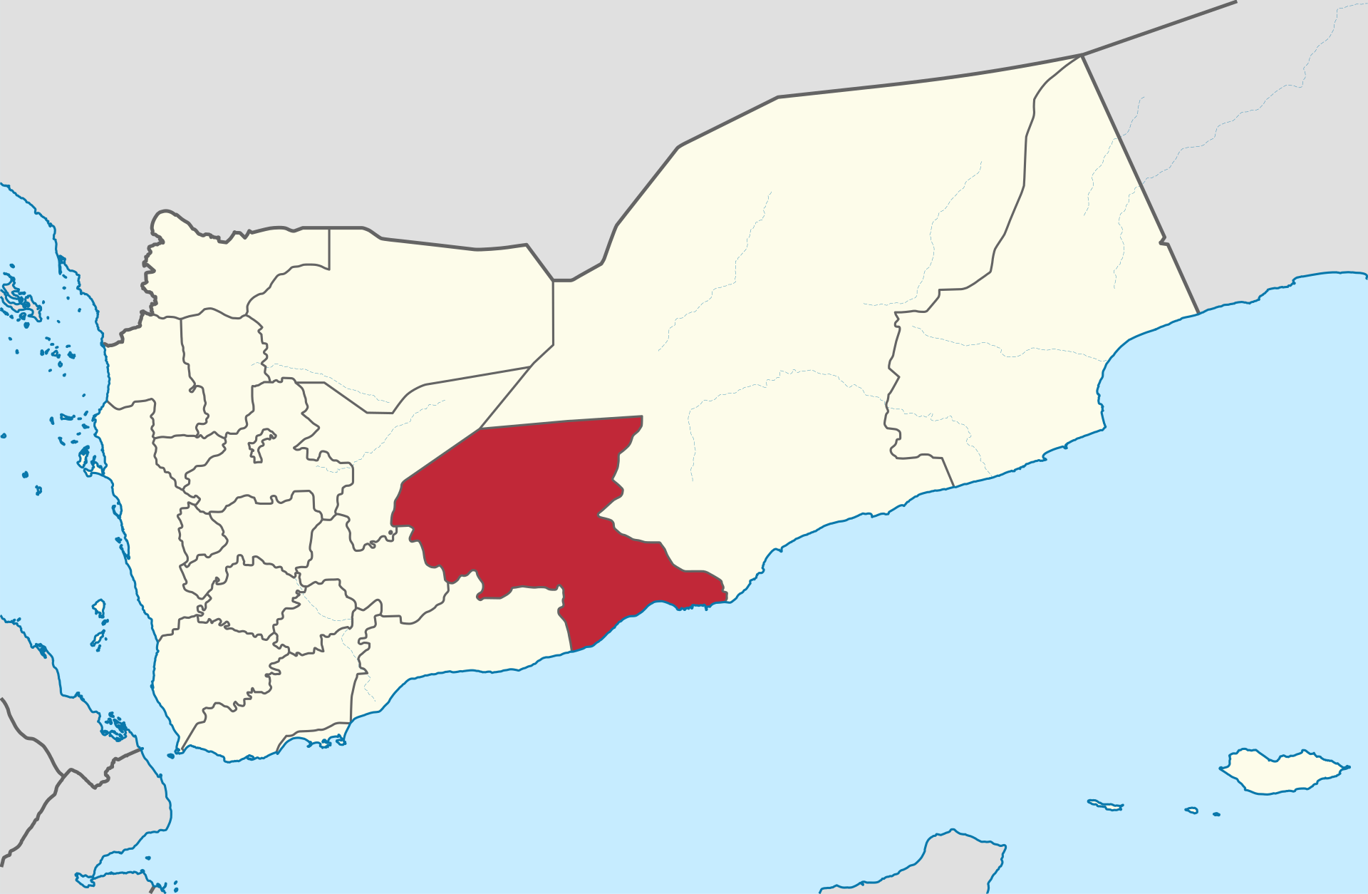Map of Yemen highlighting Shabwah Governorate in red, located in south-central Yemen bordering the Gulf of Aden