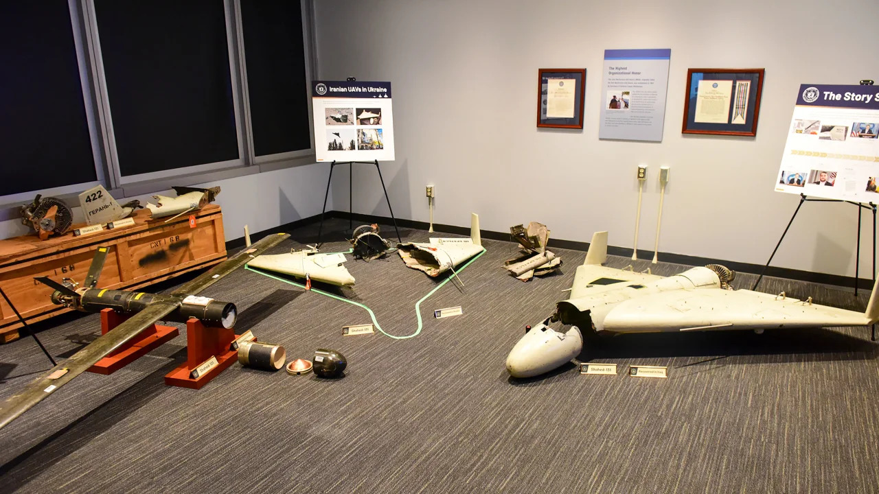 Iranian Shahed-131 and Shahed-101 drones recovered from Iraq and Ukraine on display at US Defense Intelligence Agency