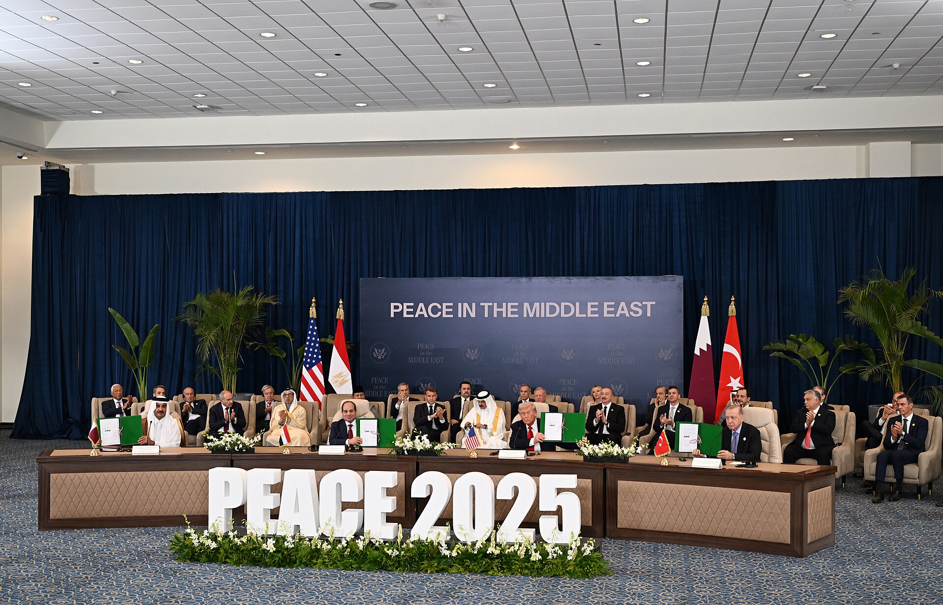 Regional leaders at the Sharm El Sheikh Peace Summit signing ceremony, October 2025, with Saudi, Turkish, and Qatari delegations present