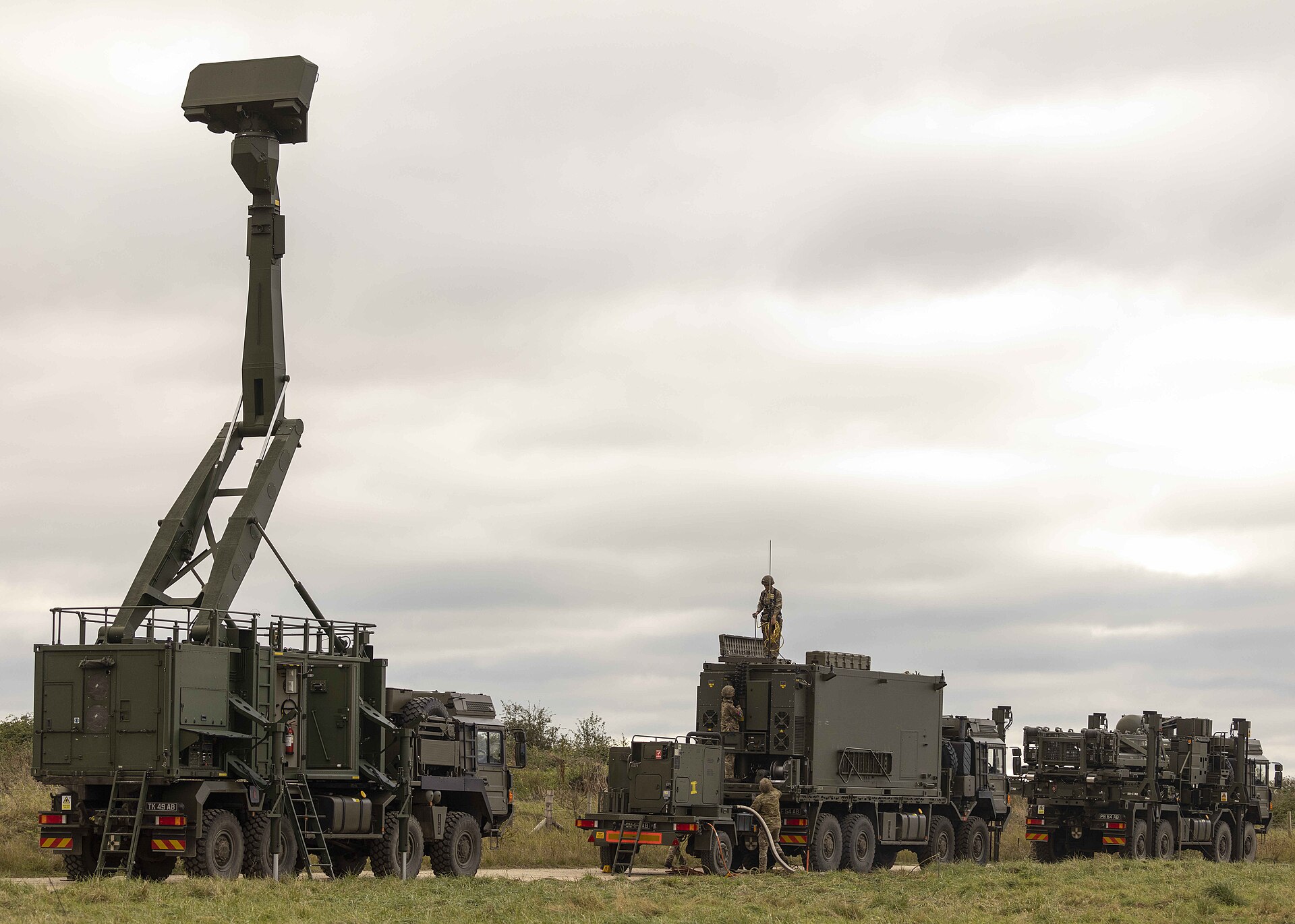 Royal Artillery Sky Sabre close-area air defence system deployed with Giraffe radar and launcher vehicles