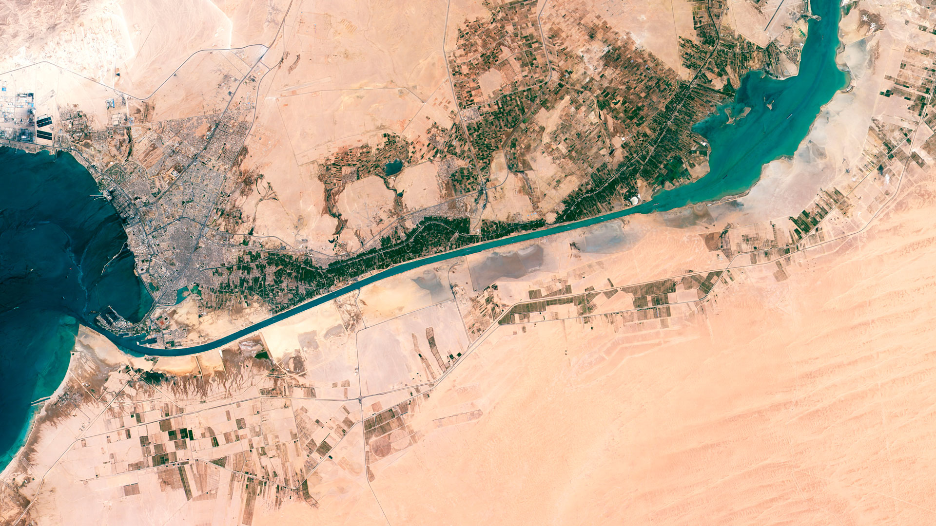 Satellite view of the Suez Canal cutting through the Egyptian desert from Ismailia to the Red Sea, Axelspace Hodoyoshi satellite