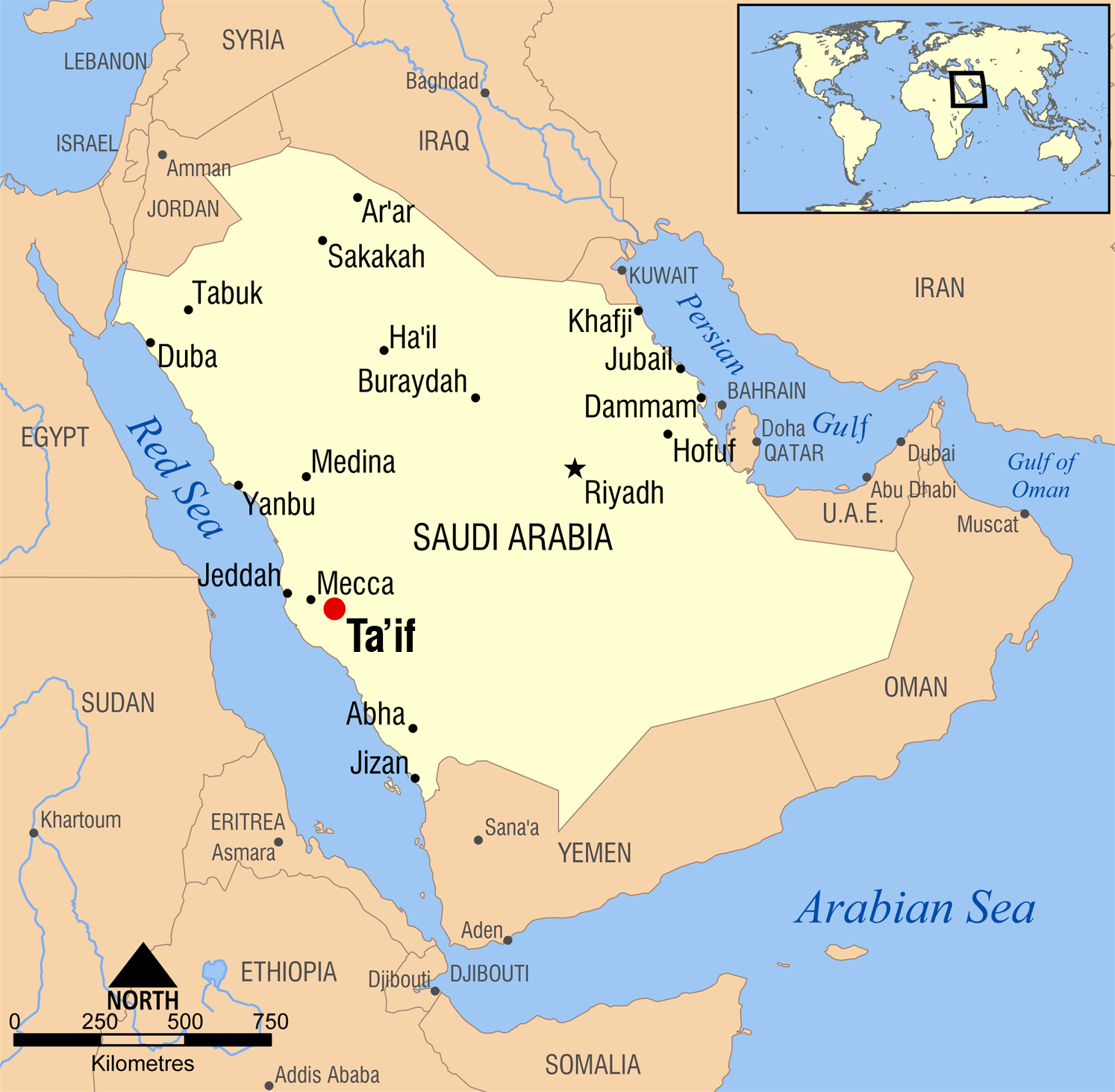 Locator map of Taif within Saudi Arabia, showing positions of Riyadh, Jeddah, Mecca, Yanbu and Yemen