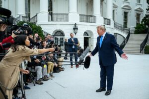 Donald Trump speaks to reporters on the South Lawn of the White House before departing on Marine One, Saturday, October 3, 2026. White House photo by Joyce N. Boghosian / Public domain