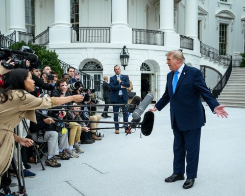 Donald Trump speaks to reporters on the South Lawn of the White House before departing on Marine One, Saturday, October 3, 2026. White House photo by Joyce N. Boghosian / Public domain