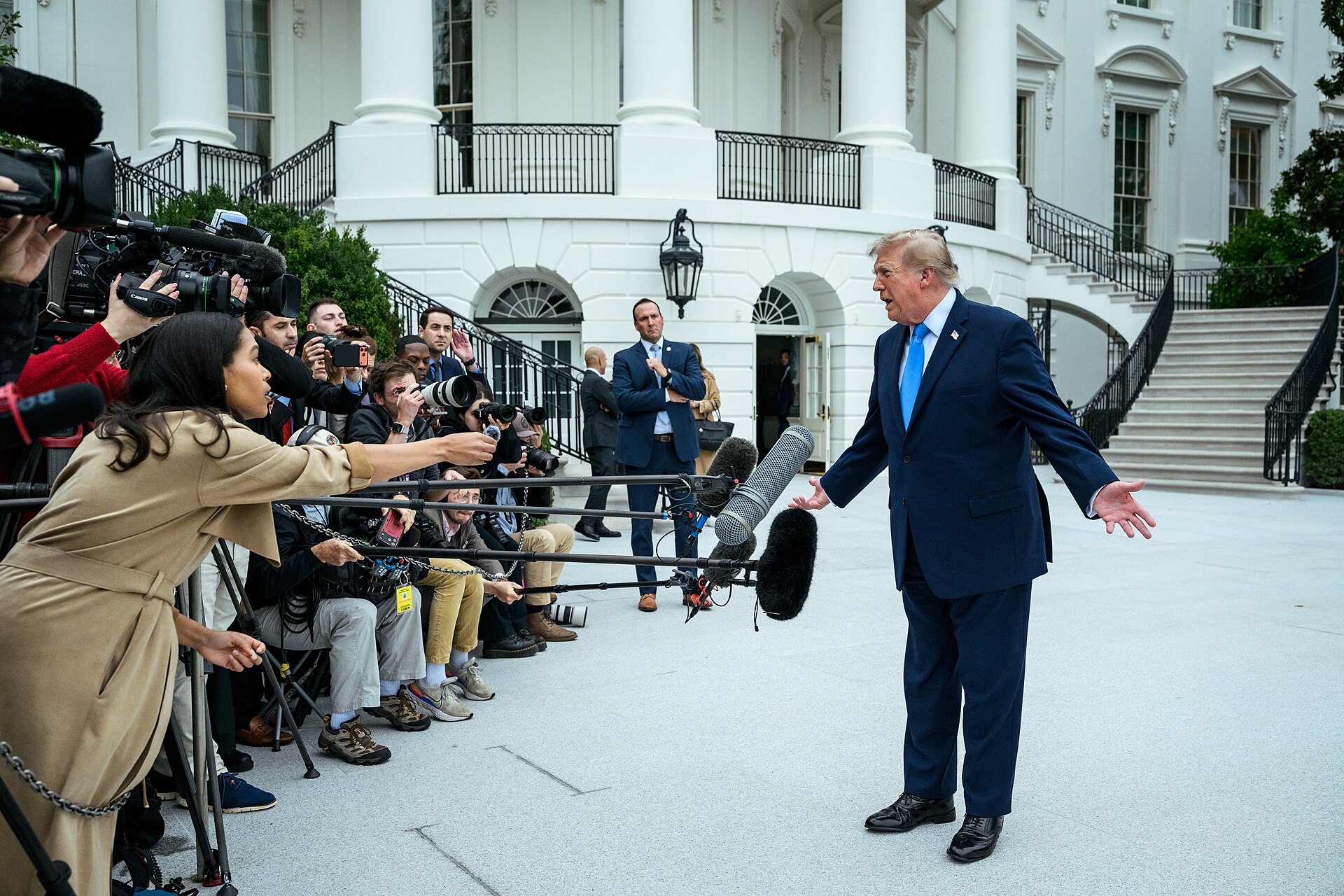 Donald Trump speaks to reporters on the South Lawn of the White House before departing on Marine One, Saturday, October 3, 2026. White House photo by Joyce N. Boghosian / Public domain