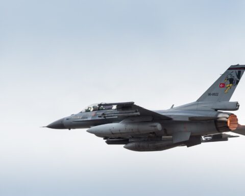 Turkish Air Force F-16 fighter jet in flight during NATO Trident Juncture 2015 exercise