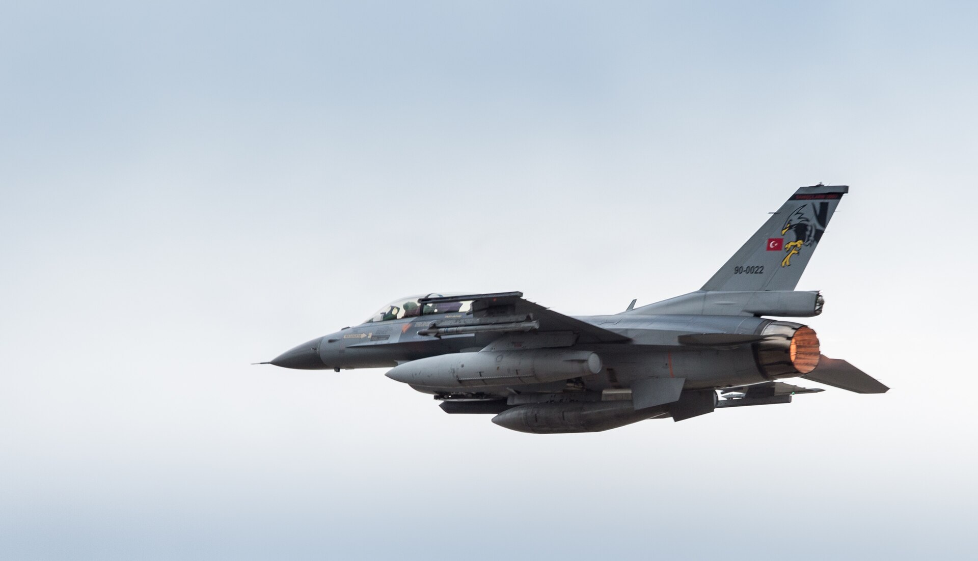 Turkish Air Force F-16 fighter jet in flight during NATO Trident Juncture 2015 exercise