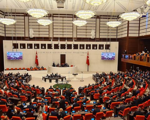 Interior of the Turkish Grand National Assembly in full session, Ankara, Turkey