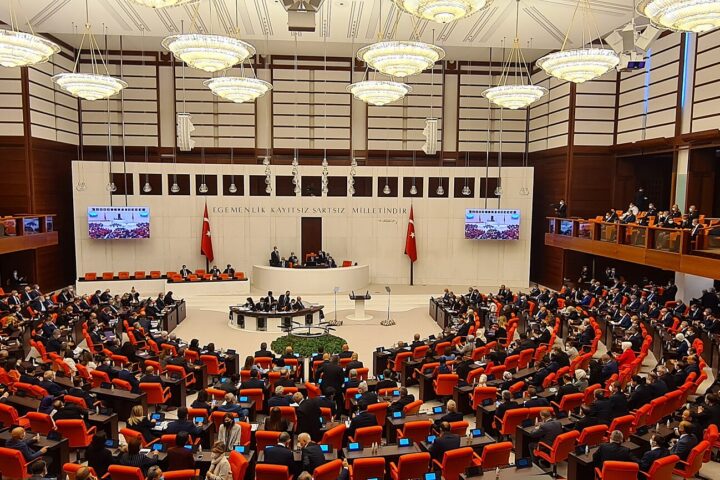 Interior of the Turkish Grand National Assembly in full session, Ankara, Turkey