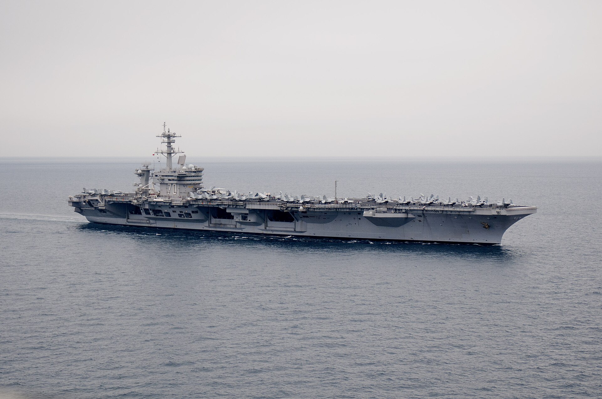USS Carl Vinson (CVN 70) aircraft carrier transiting the Arabian Gulf with F/A-18 aircraft on deck
