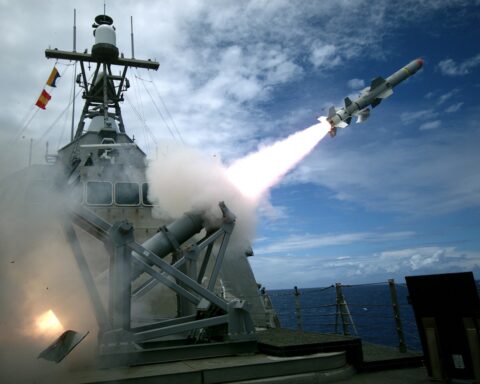 USS Coronado LCS-4 fires a Harpoon anti-ship cruise missile during exercise RIMPAC 2016