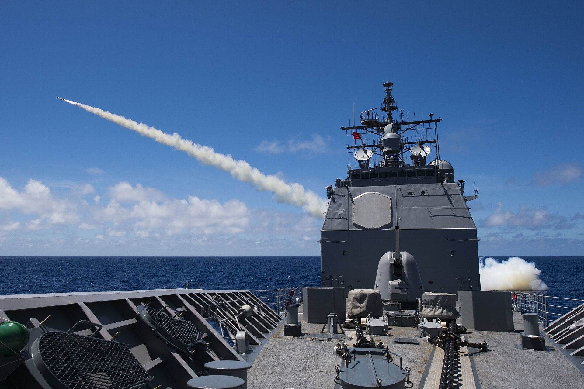 USS Princeton CG-59 Ticonderoga-class cruiser fires RGM-84 Harpoon anti-ship missile during RIMPAC 2016