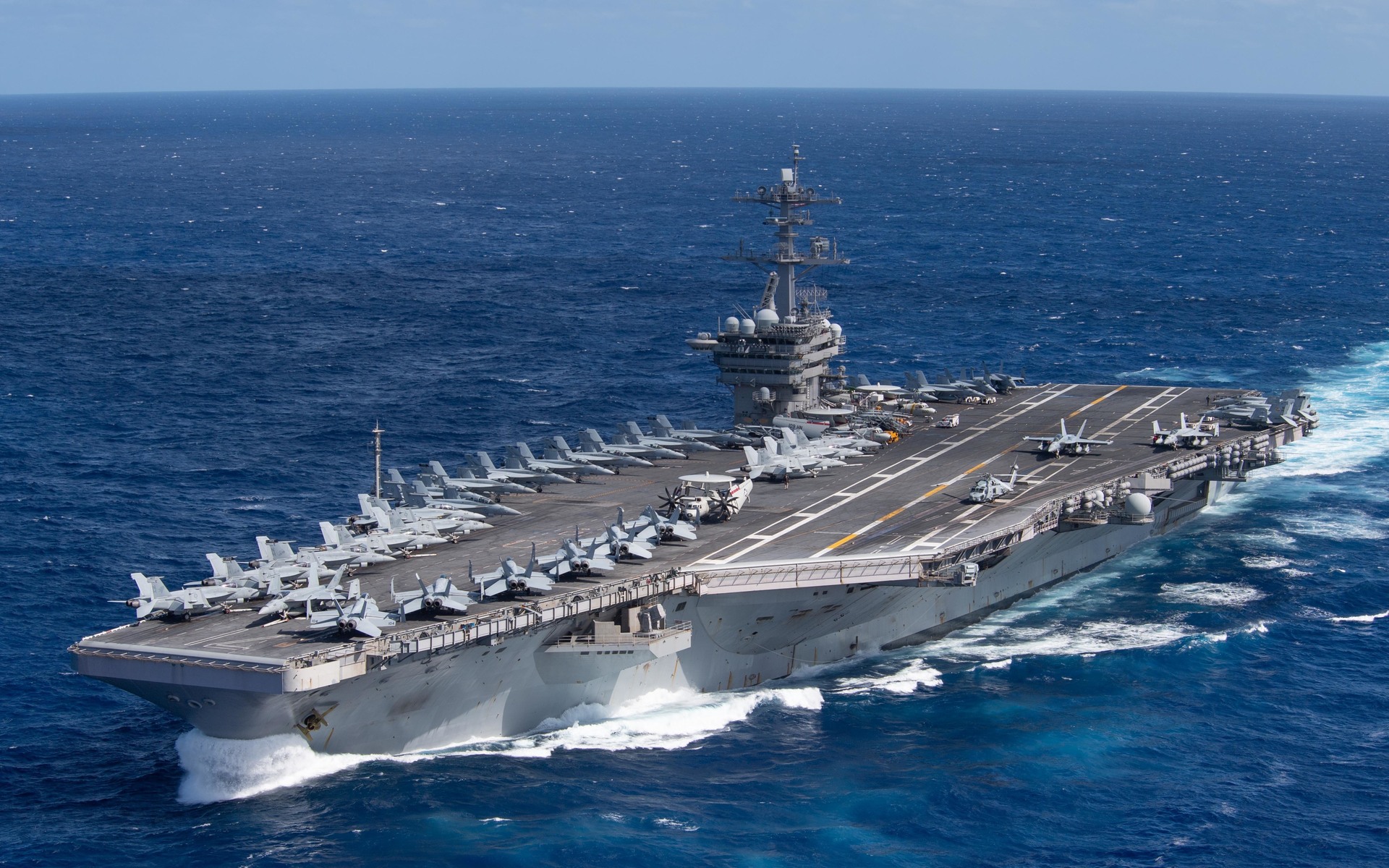 The aircraft carrier USS Theodore Roosevelt (CVN-71) underway in the Pacific Ocean, January 2020, during deployment to the Indo-Pacific