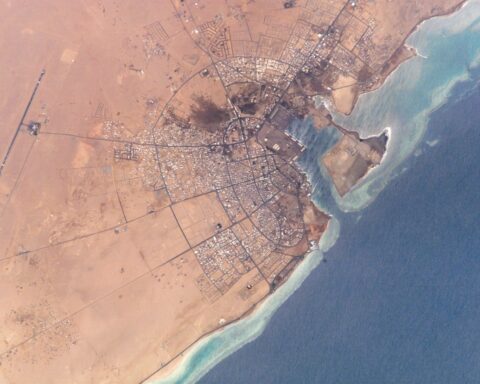 NASA/ISS satellite view of Yanbu al-Bahr, Saudi Arabia — the Red Sea port city hosting Aramco export terminals claimed as a Houthi target