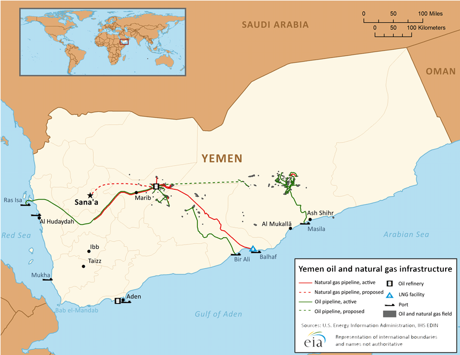 Yemen oil and gas infrastructure map showing Sanaa, Hodeidah and Ras Isa — EIA reference map